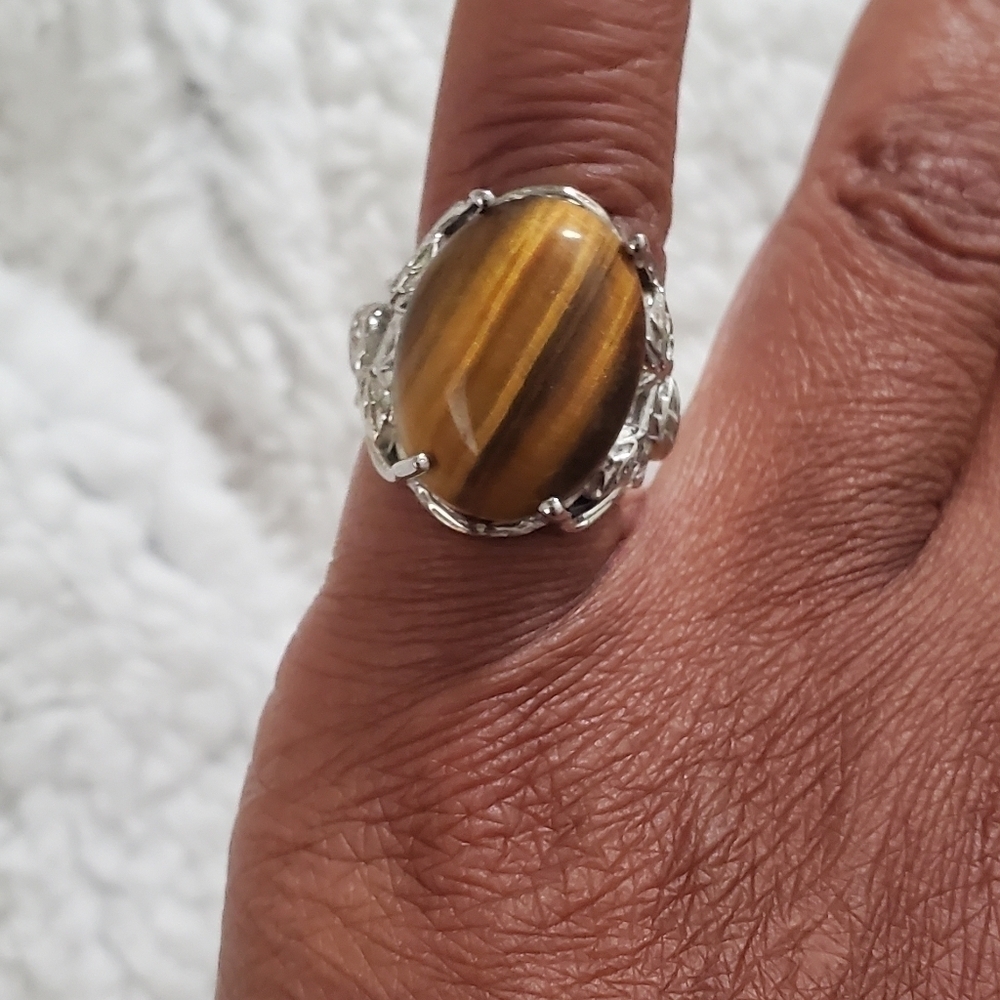 Tigers Eye Round Solitaire Ring Size 6